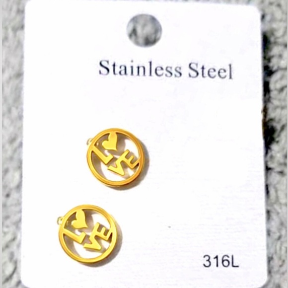 “LOVE” Letters Heart Gold Stainless Steel Cut-Out Circle Romance Mini Tiny Studs - Picture 11 of 11